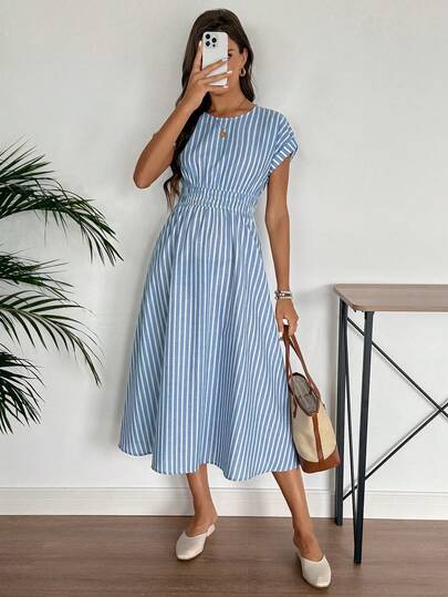 EMERY ROSE 女式夏季条纹圆领蝙蝠袖短袖休闲长款连衣裙