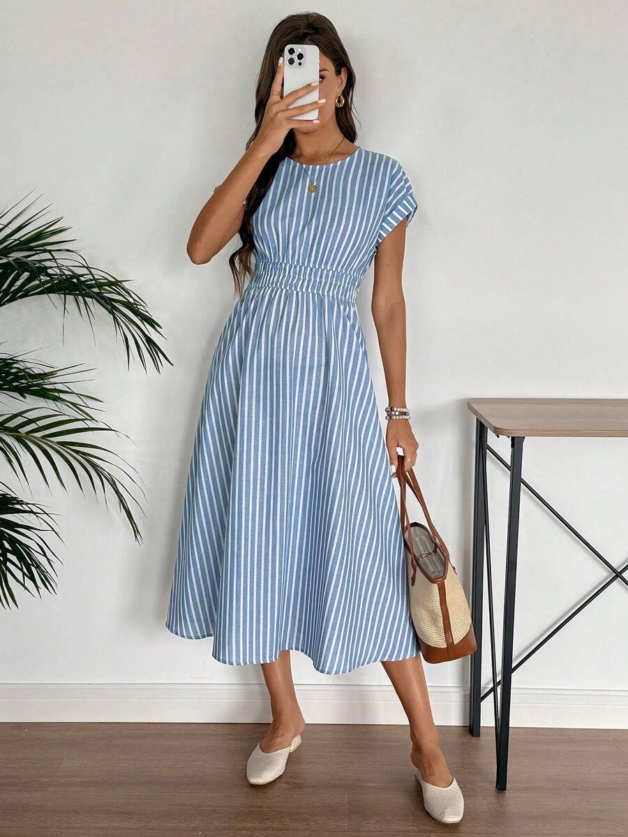 EMERY ROSE Women's Summer Striped Round Neck Batwing Short Sleeve Casual Long Dress - Blue and White - View 1