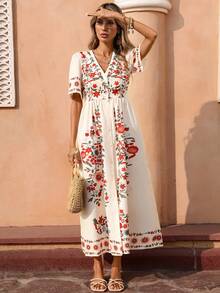 Flora Isola Flora Isola Vestido largo con cuello en V para mujer, vestido casual suelto con estampado floral de moda y manga corta, adecuado para salir, ir al trabajo y vacaciones en verano - Multicolor - Ver 5