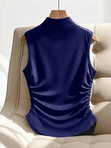 Franclia Áo tank top dệt kim màu xanh dương dành cho nữ, kiểu dáng xếp ly, không tay, vạt áo bất đối xứng. - Màu xanh lam - Xem 2