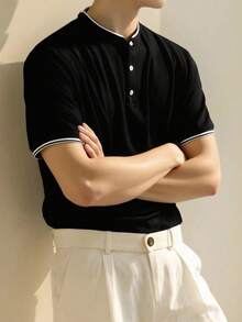 SHEIN Teen Boys' Black Contrast Collar Polo Shirt,Soft Casual Golf Shirt For Summer,Graduation,Back-To-School,Comfortable Fashionable Streetwear Jersey - Black - View 4