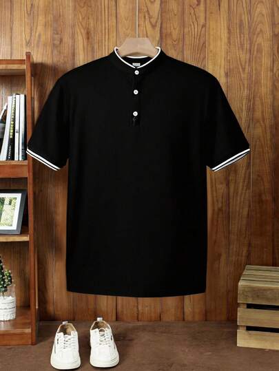 SHEIN Camisa polo de cuello con contraste negra para adolescentes, casual, cómoda, de moda, versátil, de tela suave, adecuada para uso diario, escuela, salidas, actividades al aire libre