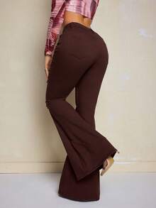 Slaydiva Plus Size Autumn Fashion Distressed Flared Jeans With Slant Pockets Brown Flare Jeans Crop Top Brown Pants 70s Clothes Ripped Jeans - Coffee Brown - View 3
