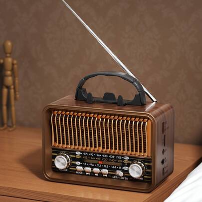 JMMO Đài phát thanh cầm tay phong cách cổ điển, đài kiểu xưa, loa không dây, FM/AM/SW, ăng-ten điều chỉnh được, pin sạc và sạc USB, hỗ trợ thẻ TF, phát nhạc MP3 qua USB.
