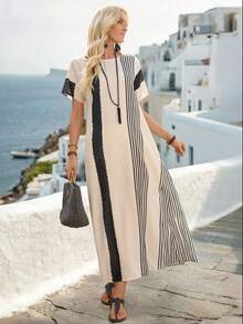 SHEIN Holidaya Women's Casual Comfortable Vacation Linen Textured Striped Floral Print Short Sleeve Maxi Loose Dress, Spring/Summer - Multicolor - View 5