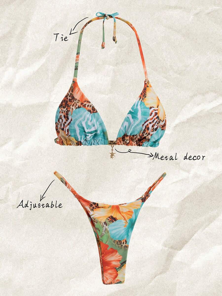 Elavelle Set di bikini da donna per vacanze in spiaggia, con stampe casuali di animali, fiori e decorazioni a stelle metalliche, con bretelline, sexy - Multicolore - Visualizzare 1