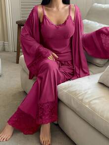 DAZY 3pcs Lace Patchwork Robe, Camisole & Pants Women Sleepwear Set - Hot Pink - View 1