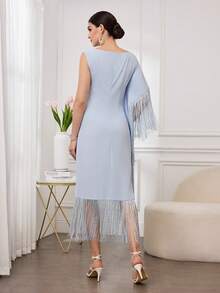 Al Najma Women's Fashion New Fringe Elegant Elegant Asymmetrical Neck Cinching Waist Dress - Blue and White - View 2