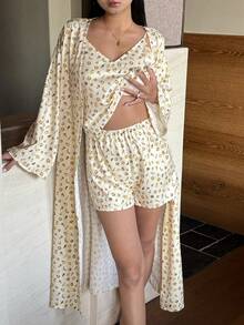DAZY 3pcs/Set Women Cute Fruit & Floral All-Over Print Robe, Camisole And Shorts Pajama Set - Yellow - View 5