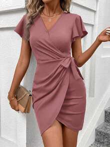 SHEIN Clasi Vestido Casual Feminino de Cor Sólida, Decote em V e Manga Curta, Estilo Minimalista - bordô - Visão 4