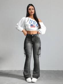 SHEIN Tall 女士性感低腰紧身弹力喇叭裤牛仔裤 高个女裤 Y2K牛仔裤 女士紧身裤 - 黑色 - 查看 5