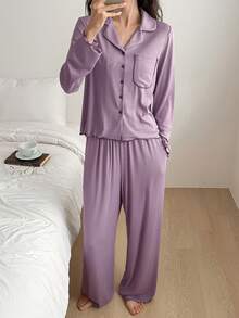 DAZY Women's Comfortable Knit Contrast Trim Crop Top And Pants Pajama Set - Mauve Purple - View 3