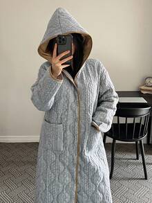 DAZY Women's Thick Quilted Cable Textured Loose Fit Robe, Winter - Grey - View 6