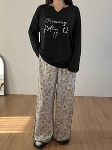 DAZY 2pcs Women Floral Print V-Neck Loose Long Sleeve T-Shirt And Pants Pajama Set - Black - View 5