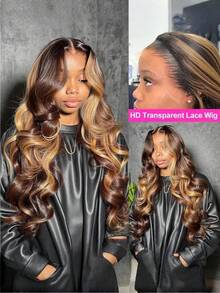 1pc Dyed Lace Front Wig, 4/27 Gradient Honey Gold Wig, Women's Style, 13x4 Front Lace High-Definition Transparent Lace Wig, 180% Density, Color Blended Hair Wig - S4/27 - View 2