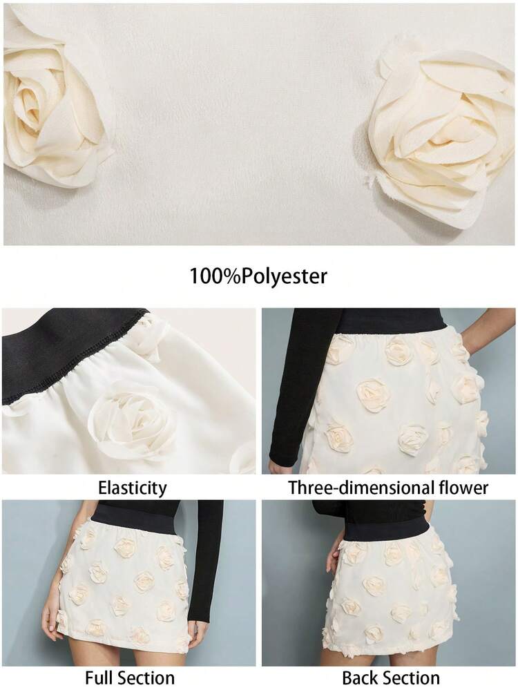 SHEIN Maija Women's Elegant Floral Elastic Waist Short White Skirt, Romantic New Year Party Valentines Day, Festival