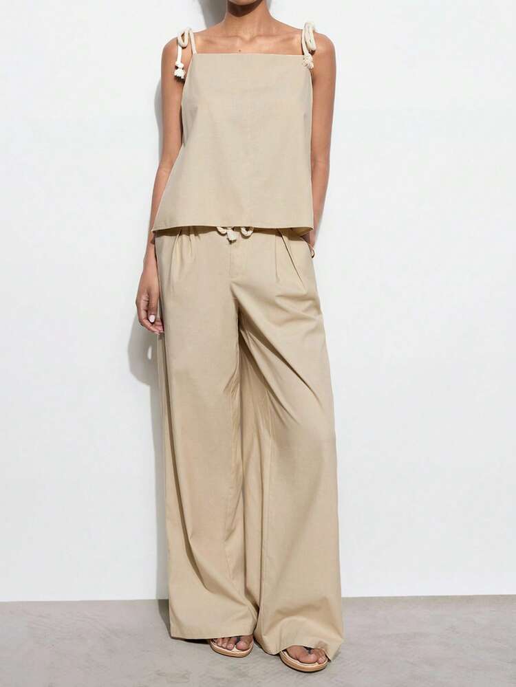 SHEIN Maija Women's Bohemian Tie Waist Loose Wide Leg Pants With Side Pockets, Summer Vacation