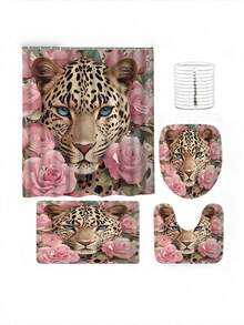 Conjunto de cortina de ducha con estampado de leopardo y rosa rosa con 12 ganchos en forma de C - Impermeable, lavable a máquina, estampado animal - Alfombra de baño impermeable y antideslizante, tapa de inodoro y juego de alfombra en forma de U Cortina de baño de 4 piezas - Juego de cortinas de baño decorativas de dibujos animados lavables a máquina, este es un conjunto de suministros decorativos de baño para fiestas adecuado para todas las temporadas y es el regalo perfecto de vacaciones para amigos y familiares. - Multicolor - Ver 5