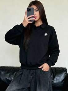 SWAVVY 男士休闲宽松套头卫衣，绣花领，黑色，标准尺码，春秋季 - 黑色 - 查看 6