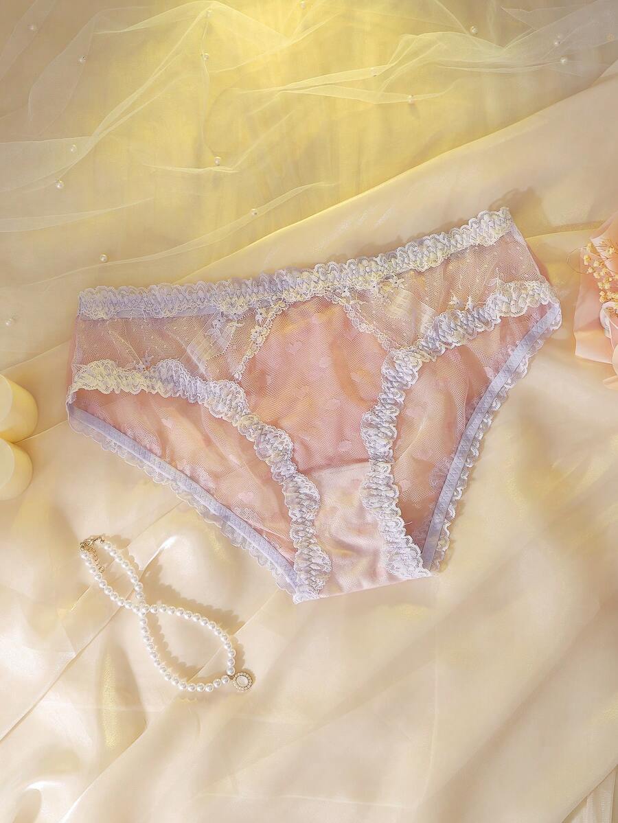 DelicateAllure Bragas de talla grande transparentes y lindas con patrón de corazón, patchwork de encaje y malla en bloques de color rosa para el Día de San Valentín - Rosa - Ver 1