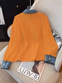 GlowEve Women's Casual Long Sleeve Orange Colorblock Button Front Shirt With Denim Collar And Cuffs For Everyday Wear - Orange - View 2