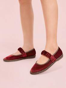 CUCCOO DOLLMOD 女士橙色优雅天鹅绒经典舒适天鹅绒褶皱弹力玛丽珍平底鞋 - 酒紅色 - 查看 9