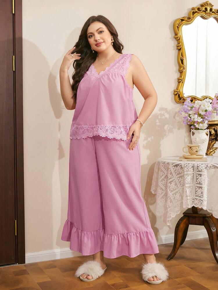 Côtesoire Conjunto de pijama de talla grande para mujer, romántico y elegante, con parches de encaje, volantes y unicolor, adecuado para el Día de San Valentín - Rosa Oxidada - Añade 5