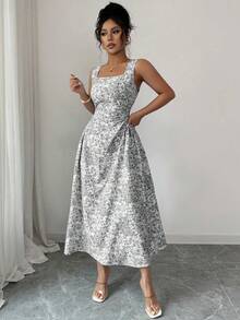 Rafferiza Women's French Style Vacation Blue Floral Print Ruffle Sleeveless Dress - Black - View 5