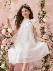 Tween Girls Elegant Floral Pattern Mesh Sequin Dress, Sleeveless Bowknot A-Line Suitable For Party, Wedding, Flower Girl - White - View 7