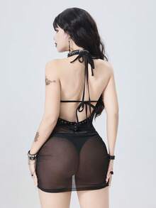 ROMWE Goth Vestido ajustado con cuello drapeado, espalda descubierta y aplicaciones, de malla y estilo vanguardista, en color dorado y negro - Negro - Ver 2