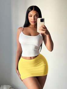 SHEIN SXY Chân váy ngắn ôm sát màu đen gợi cảm dành cho nữ (kèm quần legging) - Màu vàng - Xem 5