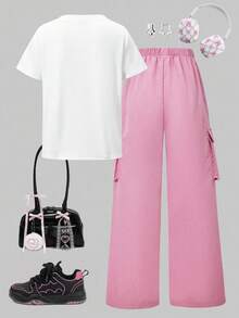 SHEIN ChillGRL Set de 2 piezas de camiseta y pantalón cargo informal para niñas, camiseta de manga corta con cuello redondo y estampado, y pantalones, conjunto de moda para primavera/verano - Rosa - Ver 2