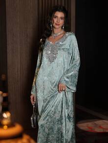 Al Najma Women's Green Woven Jacquard Long Sleeve Embroidered Collar Floral Elegant Arabic Dress - Green - View 7