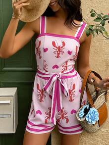 Breezaya 1 bộ áo liền quần nữ họa tiết trái tim kẻ sọc, cạp chun, dáng chữ A, thoải mái, phong cách thường ngày, thích hợp cho mùa xuân/hè. - Hồng - Xem 1