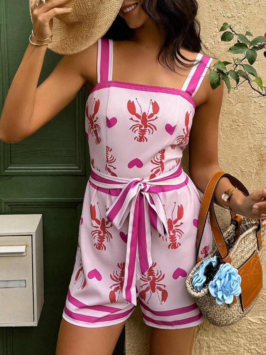 Breezaya 1 bộ áo liền quần nữ họa tiết trái tim kẻ sọc, cạp chun, dáng chữ A, thoải mái, phong cách thường ngày, thích hợp cho mùa xuân/hè. - Hồng - Xem 1