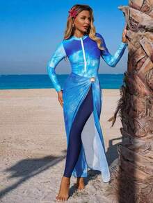 Swim Mulvari 3pcs Women's Tie-Dye High Neck Long Sleeve Zipper One-Piece Swimsuit With Pants, Shell Net Mesh Skirt, Middle East Beach Cruise Vacation Swimwear, Sun Protection Casual Beach - Blue - View 2