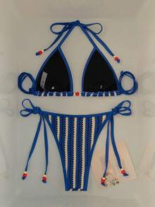 Swim Vcay 2pcs/Set Blue Strip Textured Triangle Halter Bikini Swimwear Set, Elegant Summer Casual Beach Vacation Holiday Spring Break Patchwork Swimsuit - Blue - View 7