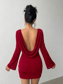 Aloruh Robe mini moulante dos nu à manches évasées, couleur unie, pour femme - Rouge foncé - Voir 2
