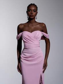 Elitara 优雅浪漫莲花粉色编织露肩褶皱垂袖褶裥网纱刺绣3D立体花朵假开衩鱼尾裙摆连衣裙，适合晚宴、约会、度假、舞会、婚礼、伴娘等场合 - 藕粉色 - 查看 7