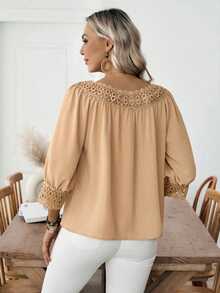 SHEIN LUNE Blus Wanita Kasual Serbaguna Warna Polos dengan Tekstur Ruffle dan Lengan Lentera Setengah Lengan, Musim Semi/Panas - Khaki - View 2