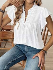 Louniche 女士休闲度假纯色镂空蕾丝V领短袖衬衫，春夏款 - 白色 - 查看 7