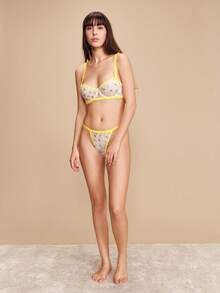 lacRébo 黄色花卉刺绣钢圈文胸内衣套装，含配套丁字裤，可爱浪漫的春季法式巴黎风情 - 黃色 - 查看 5