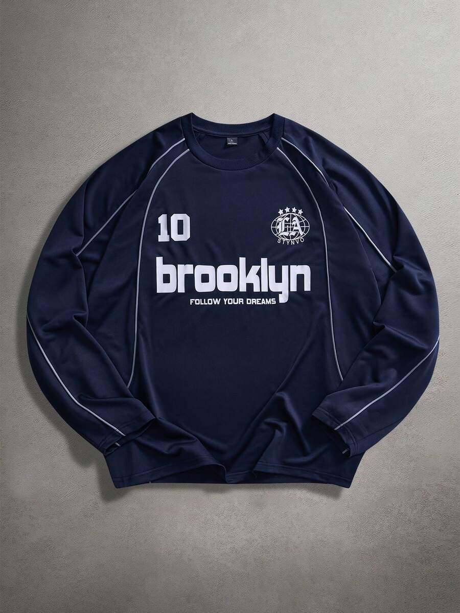 STYNVO 男士字母印花圆领休闲宽松长袖T恤，布鲁克林球衣，布鲁诺·马尔斯拳击图案，男士卫衣，纽约扬基队球衣，纽约球衣，圣帕特里克节 - 藍色 - 查看 1