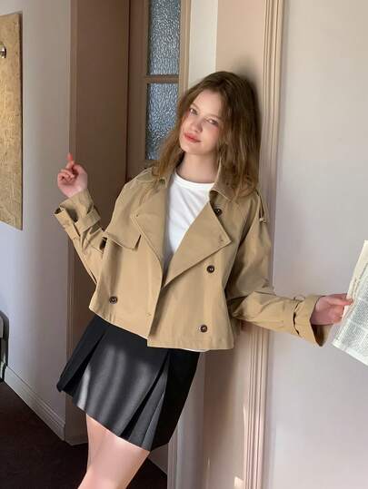 DAZY 少女纯色长袖双排扣休闲风衣