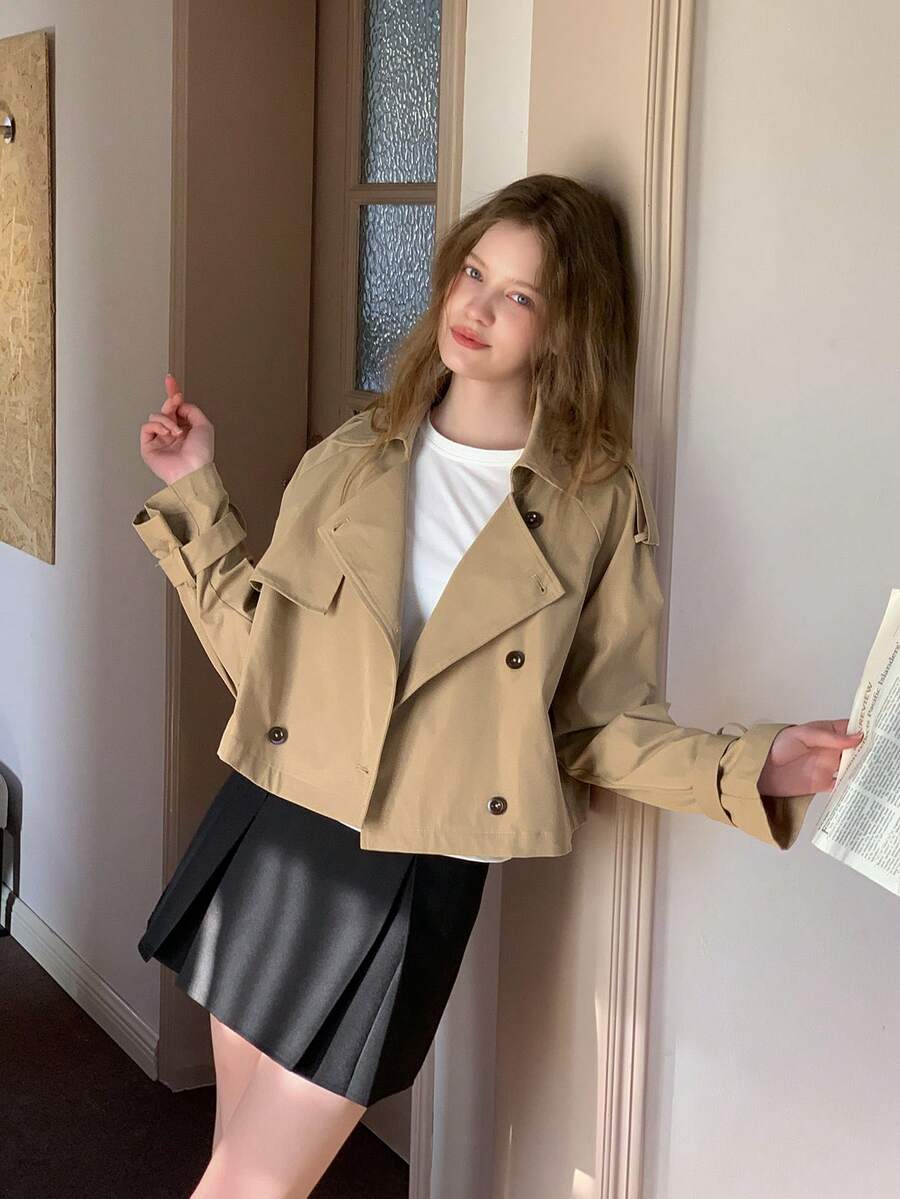 DAZY 少女纯色长袖双排扣休闲风衣