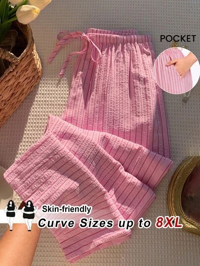 SHEIN CURVE+ CURVE PLUS /Valentine's Day/Women's Plus Size Loose Black Wide Leg Woven Pants With Waist Strap