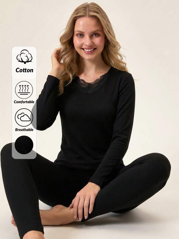 Loomlin 2pcs Cotton V Neck Lace Detail Homewear Set