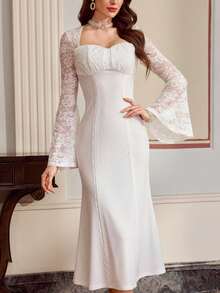 Vintamour Váy hoa trắng thanh lịch phong cách vintage cho nữ, phối ren patchwork, viền bèo nhún, dáng ôm bodycon, trang phục dự tiệc cưới, tiệc cưới, mùa hè, mùa xuân, kỳ nghỉ - trắng - Xem 3