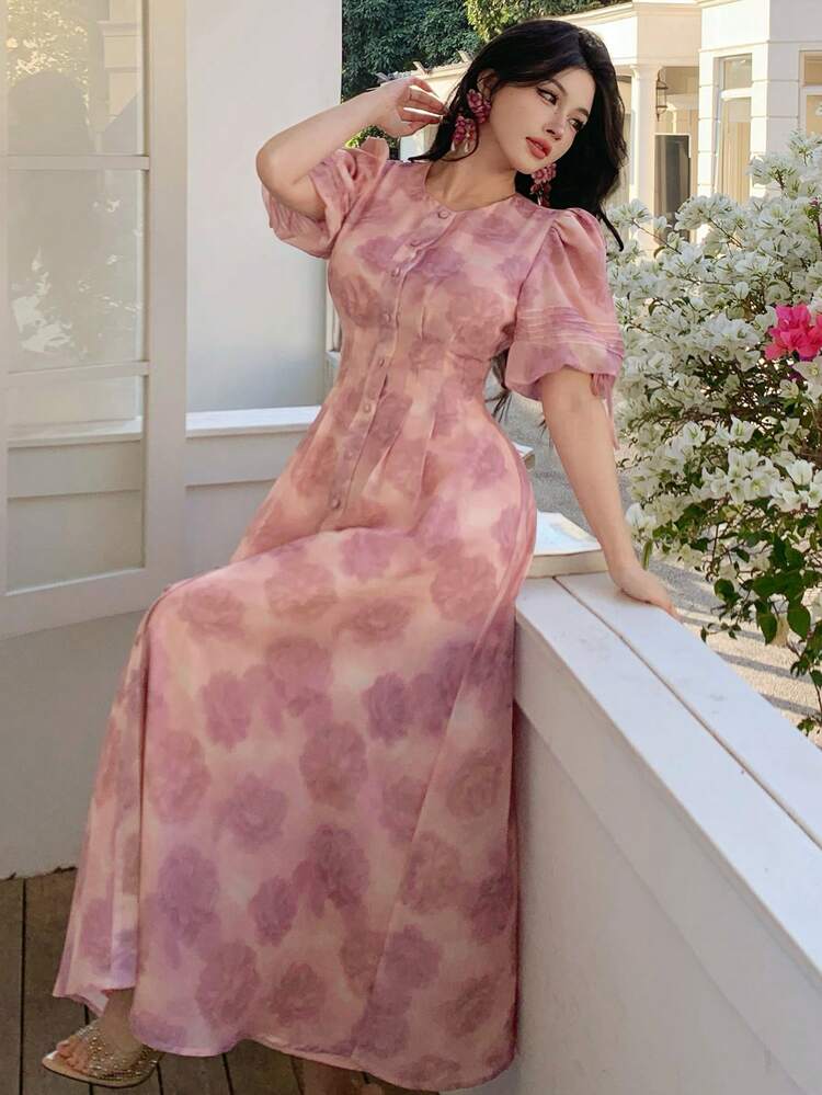 Romantic Floral Print Lantern Sleeve Midi Dress With Flared Dress, Elegant For Vacation Sundress