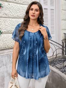 EMERY ROSE 大码女式蓝色花卉印花 V 领荷叶边短袖休闲衬衫，夏季